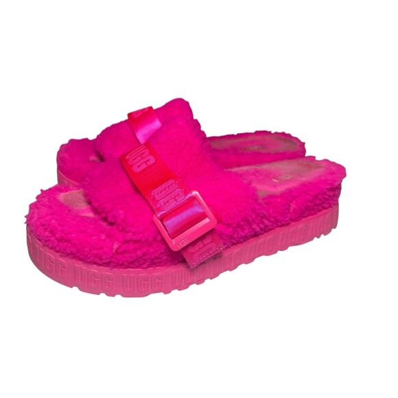 Ugg Fluffita Hot Pink Furry Platform Sandals Slippers Slip On Slides Women's 11 - Picture 1 of 10